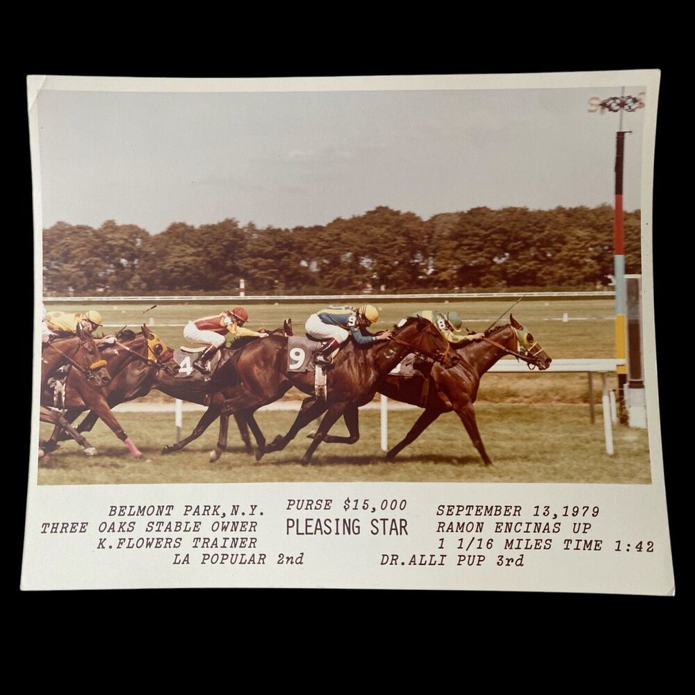 Vintage 1979 Belmont Park Horse Racing Photo Pleasing Star Winner Ramon Encinas